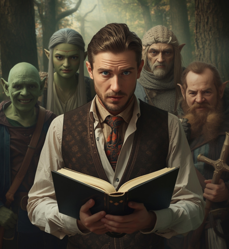 A fantasy writer holds his book, as his characters come to life behind him.