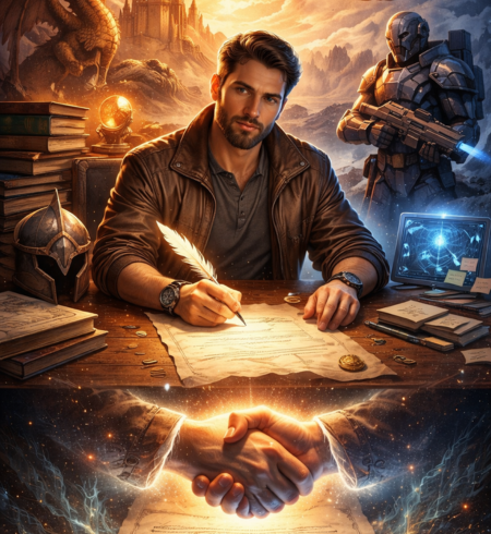 A writer with a quill pen in his hand, making stories as fantasy and science fiction characters appear behind him.